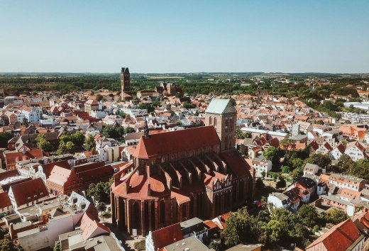 Aerial view of the Hanseatic city of Wismar with St. Nicholas Church.