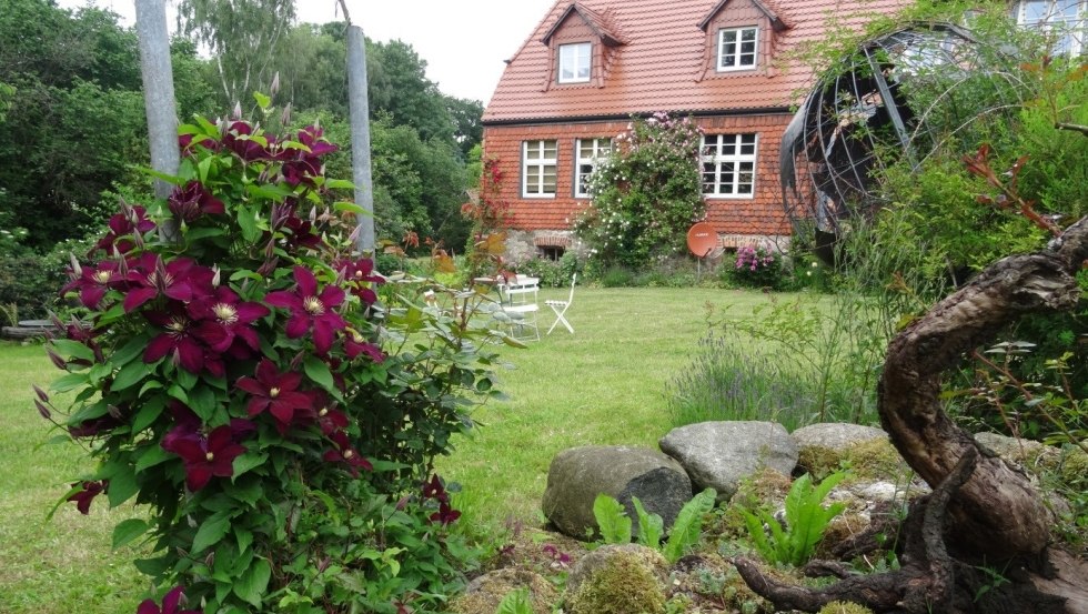 Flowering clematis in front of the manor house Alt Guthendorf, © Fam. Topp