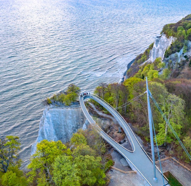 The Skywalk in the Königsstuhl National Park Centre with a view over the chalk cliffs and the Baltic Sea on the island of Rügen.