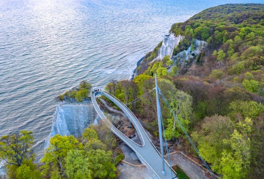 The Skywalk in the Königsstuhl National Park Center with a view over the chalk cliffs and the Baltic Sea on the island of Rügen.