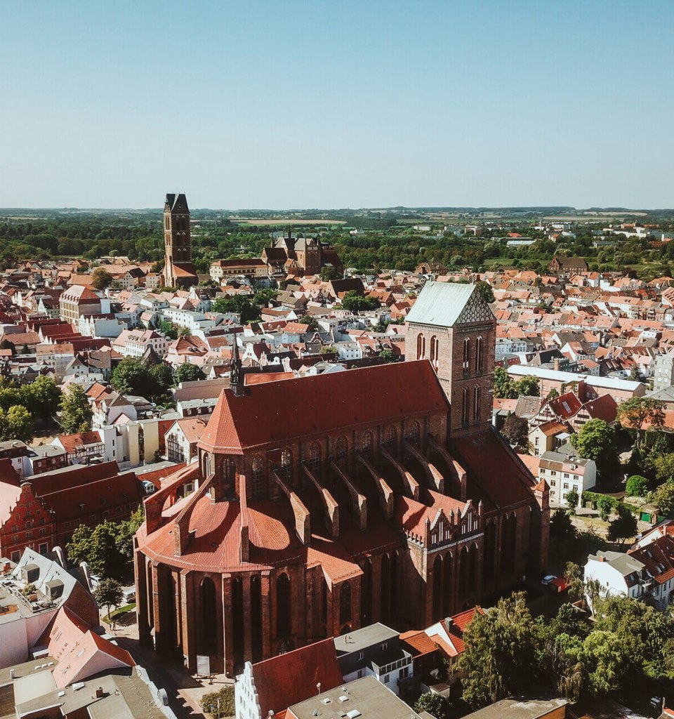 Aerial view of the Hanseatic city of Wismar with St. Nicholas Church.